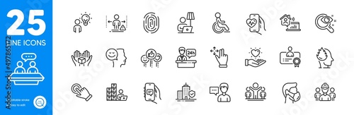 Outline icons set. Inventory, Hold heart and Touchscreen gesture icons. Person talk, Cardio training, Winner web elements. Employees talk, Like, Certificate signs. Good mood, Chat app. Vector