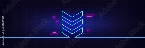 Neon light glow effect. Shoulder strap line icon. Army reward sign. Best rank symbol. 3d line neon glow icon. Brick wall banner. Shoulder strap outline. Vector