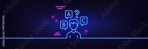 Neon light glow effect. Quiz test line icon. Select answer sign. Business interview symbol. 3d line neon glow icon. Brick wall banner. Quiz test outline. Vector