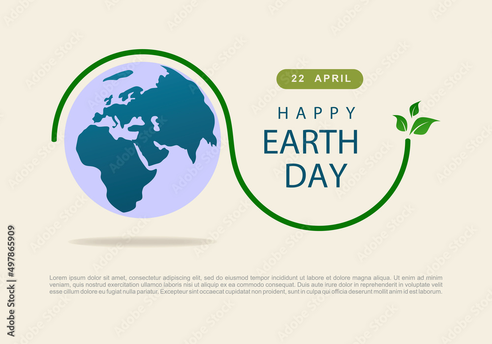 Happy earth day banner poster with blue globe and leaf celebration on april 22.