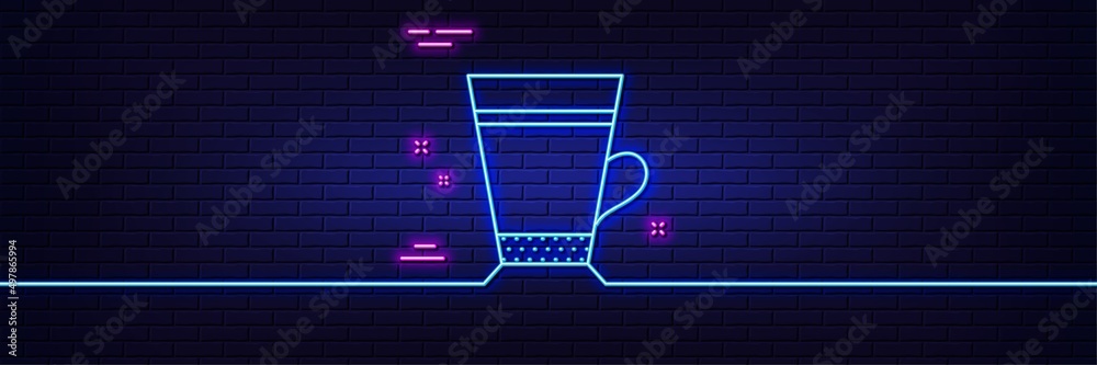 Neon light glow effect. Latte coffee icon. Hot drink sign. Beverage symbol. 3d line neon glow icon. Brick wall banner. Latte outline. Vector Neon light glow effect. Latte coffee icon. Hot drink sign. Beverage symbol. 3d line neon glow icon. Brick wall banner. Latte outline. Vector
