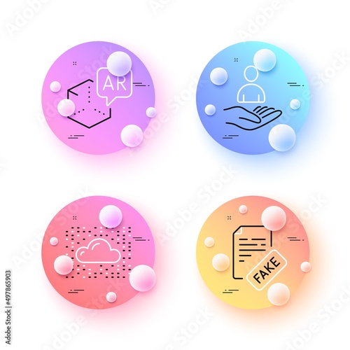 Cloud system, Augmented reality and Fake news minimal line icons. 3d spheres or balls buttons. Recruitment icons. For web, application, printing. Data storage, Virtual reality, Wrong fact. Hr. Vector