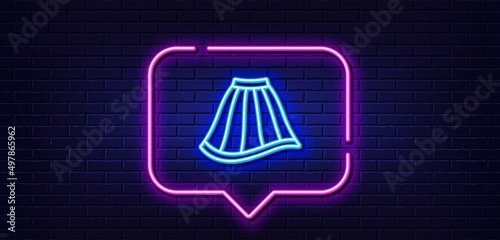 Neon light speech bubble. Skirt line icon. Clothing gown sign. Women fashion outfit symbol. Neon light background. Skirt glow line. Brick wall banner. Vector