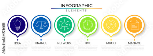 Annual circular timeline infographic design vector with icons. Business six steps network project template for presentation and report.