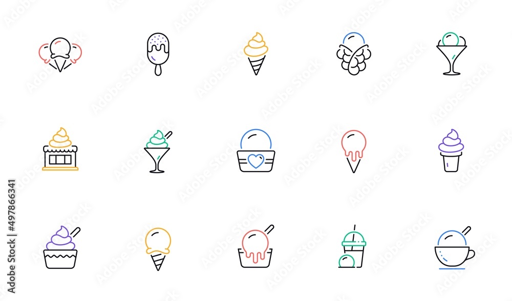 Ice cream line icons set. Bubble waffle, vanilla sundae, frozen yogurt. Sweet dessert food, milkshake with ice cream, sundae icons. Smoothie drink, frozen coffee, sorbet wafer. Vector