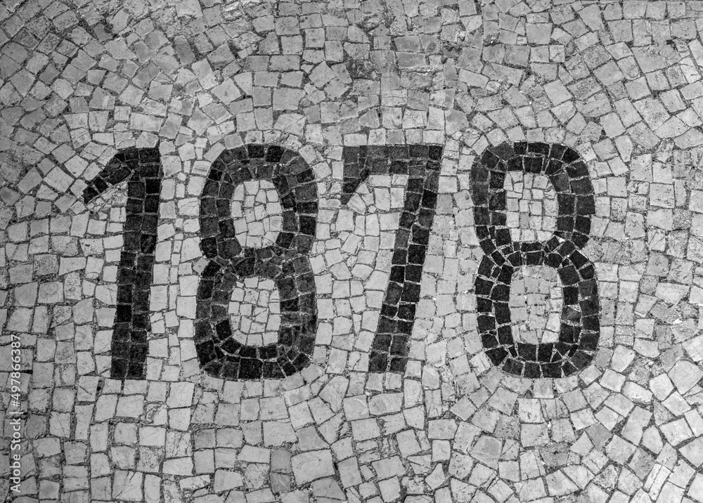 date of construction building, 1878. mosaic on ancient building floor. date of construction building, 1878. mosaic on ancient building floor.