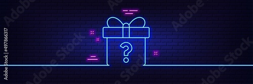 Neon light glow effect. Gift box with Question mark line icon. Present or Sale sign. Birthday Shopping symbol. Package in Gift Wrap. 3d line neon glow icon. Brick wall banner. Vector
