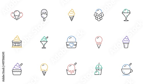 Ice cream line icons set. Bubble waffle, vanilla sundae, frozen yogurt. Sweet dessert food, milkshake with ice cream, sundae icons. Smoothie drink, frozen coffee, sorbet wafer. Vector