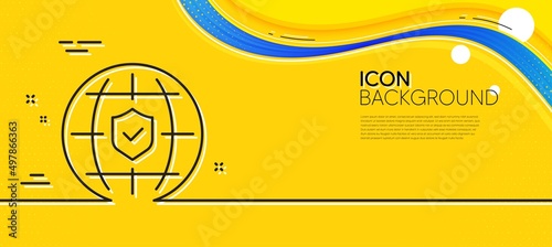 Global insurance line icon. Abstract yellow background. Travel risk coverage sign. Policyholder protection symbol. Minimal global insurance line icon. Wave banner concept. Vector