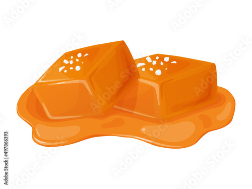 Candy salted caramel. Melted appetizing caramel cubes.