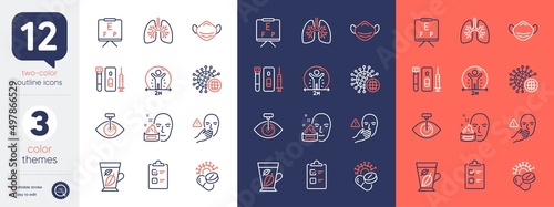 Set of Mint leaves, Medical mask and Coronavirus pills line icons. Include Lungs, Coronavirus, Vision board icons. Dont touch, Eye laser, Blood and saliva test web elements. Checklist. Vector