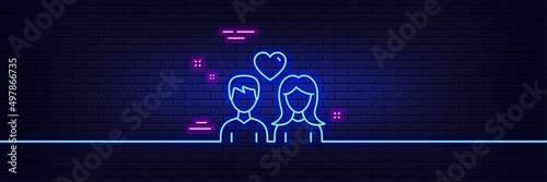 Neon light glow effect. Couple with Heart line icon. Users Group sign. Male and Female Person silhouette symbol. 3d line neon glow icon. Brick wall banner. Couple love outline. Vector