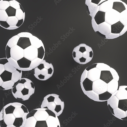 3d rendered soccer balls in the air. Camera depth of field effect.