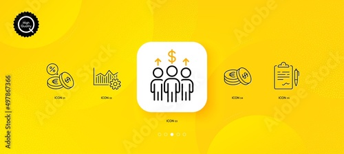 Meeting, Operational excellence and Currency exchange minimal line icons. Yellow abstract background. Savings, Clipboard icons. For web, application, printing. Vector