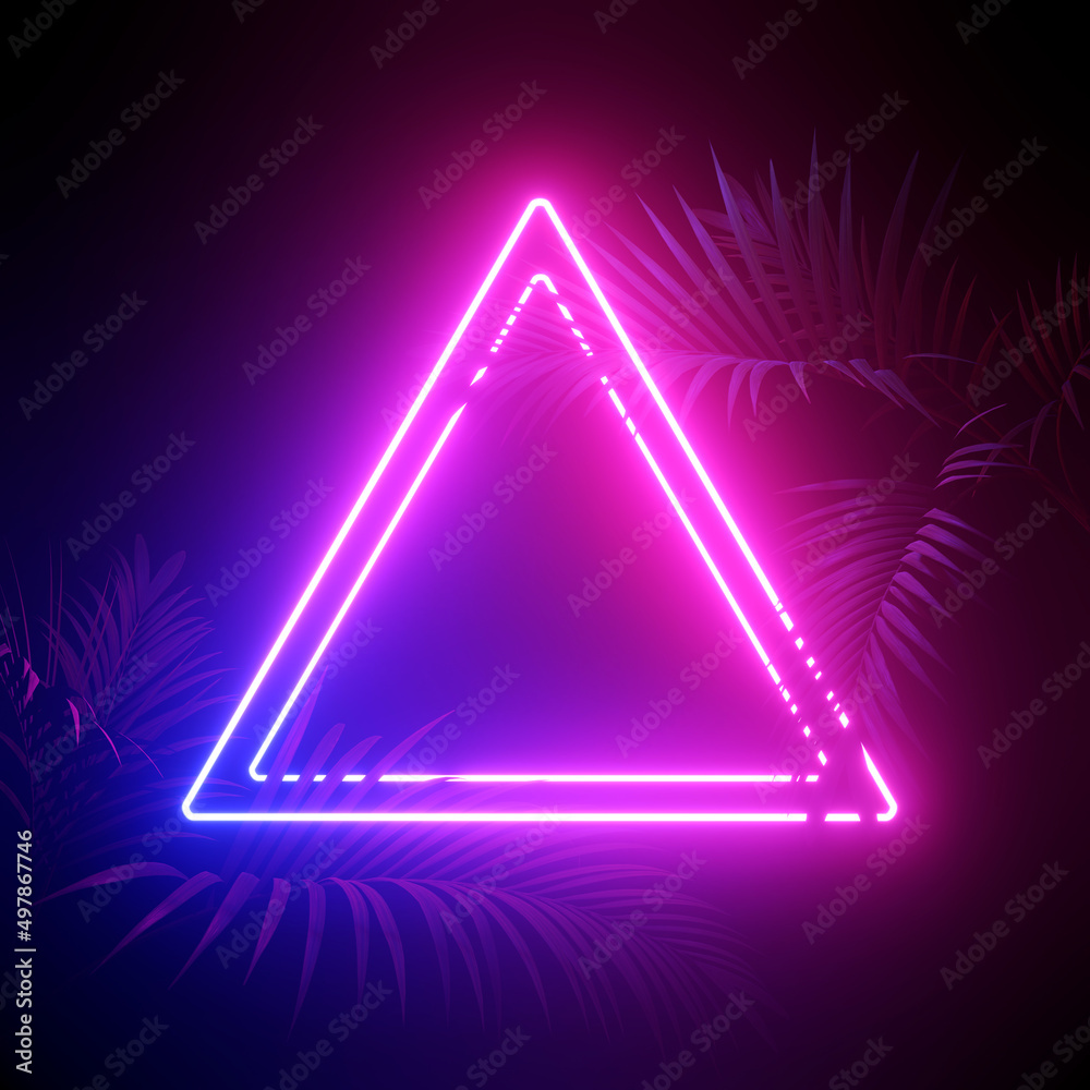 Neon lighting, palms and abstract shapes background. 3d rendering