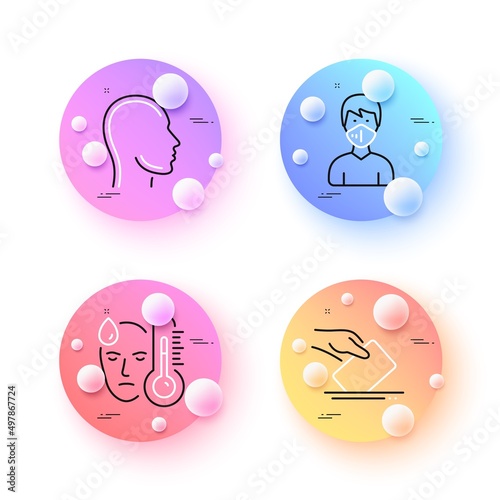 Fever, Head and Voting ballot minimal line icons. 3d spheres or balls buttons. Medical mask icons. For web, application, printing. Temperature, Human profile, Voting campaign. Respirator. Vector