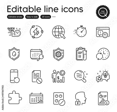 Set of Science outline icons. Contains icons as Blood donation, Report and Timer elements. Medical analyzes, Unlock system, Idea web signs. Quick tips, Project deadline. Vector