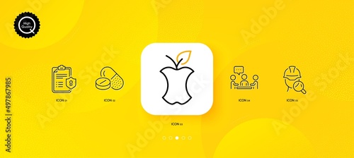 Inspect, Medical drugs and Organic waste minimal line icons. Yellow abstract background. People chatting, Privacy policy icons. For web, application, printing. Vector