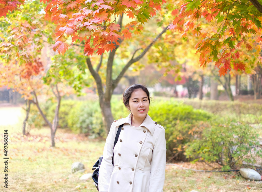Beautiful tourist girl take photo on colorful autumn tree background in Korea isalnd called Nami island. Beautiful tourist girl take photo on colorful autumn tree background in Korea isalnd called Nami island.