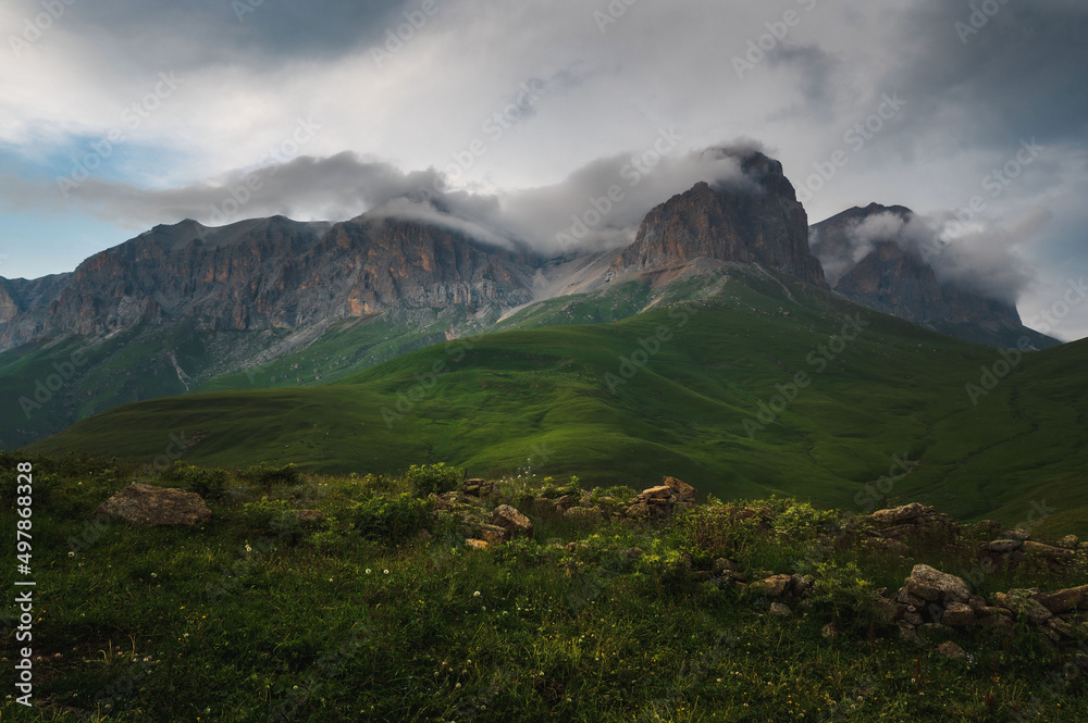 Chegem mountains at twilight. Kabardin-Balkar republic.