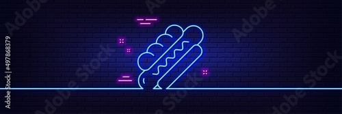 Neon light glow effect. Hotdog line icon. Fast food sign. Sausage sandwich symbol. 3d line neon glow icon. Brick wall banner. Hotdog outline. Vector