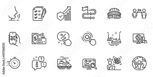 Outline set of Card, Seo analytics and Global business line icons for web application. Talk, information, delivery truck outline icon. Vector