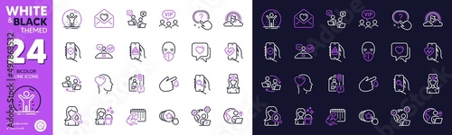 Food app, Fitness calendar and Love letter line icons for website, printing. Collection of Medical mask, Oculist doctor, Lgbt icons. Outsource work, Search employee, Friend web elements. Vector