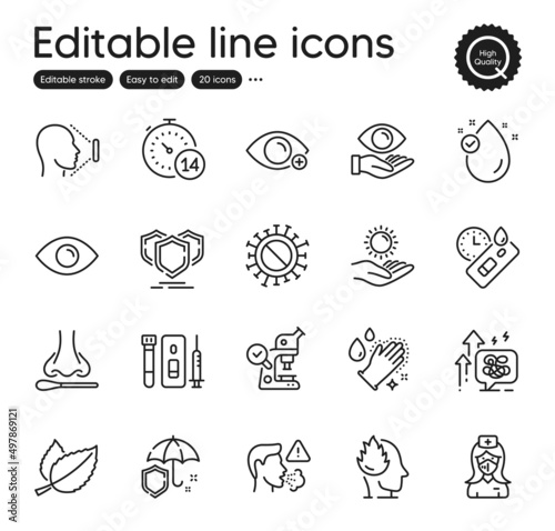 Set of Medical outline icons. Contains icons as Health eye, Coronavirus and Washing hands elements. Vitamin e, Quarantine, Microscope web signs. Covid test, Cough, Eye elements. Vector