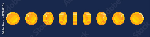 Pixel coin animation. Animation footage of a gold coin. 8-bit Retro video game style. Vector illustration