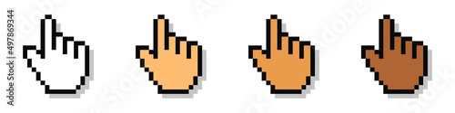 Pixel cursors. Cursor hand pointers. Computer mouse. 8-bit. Video game style. Vector illustration
