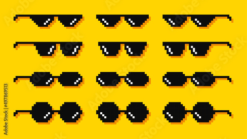 Pixel glasses. Meme. Bandit hit points. 8-bit. Video game style. Vector illustration