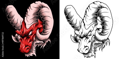 Colorful angry horned goat head in vintage style isolated vector illustration