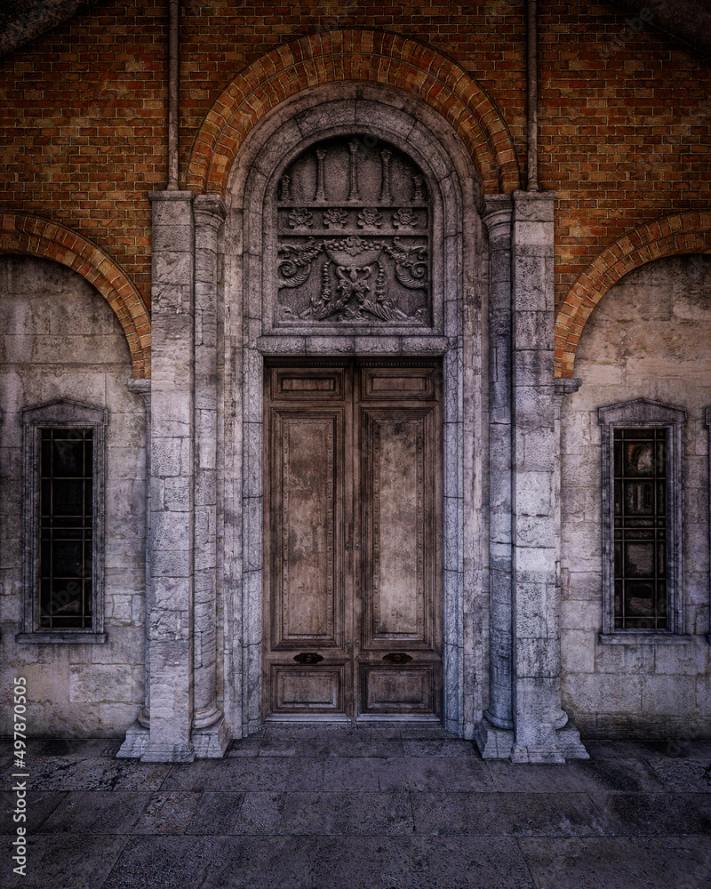 Old wooden doorway with decorative carved stone arch. 3D rendering.