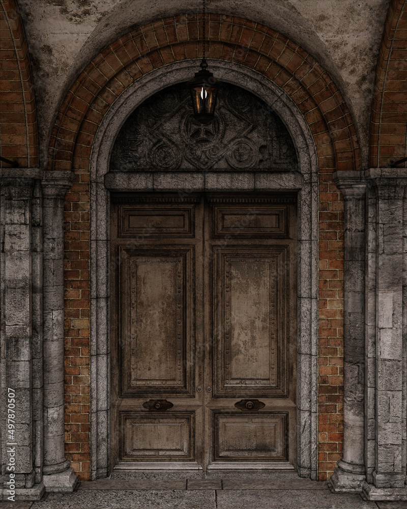 Grungy old wooden doorway entrance with brick and stone decorative arch. 3D illustration.