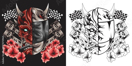 Vintage motorcycle logo template with skull racer in helmet and crossed engine pistons isolated vector illustration