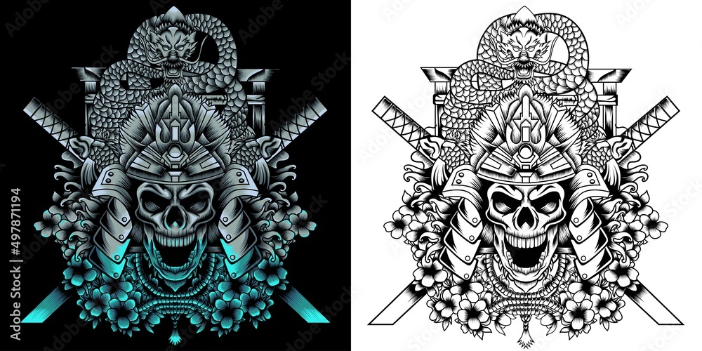 Samurai warrior skull with traditional japanese katana and dragon Samurai warrior skull with traditional japanese katana and dragon