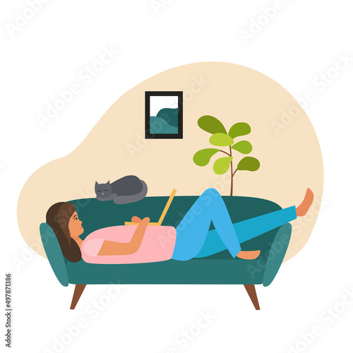 Work at home, coworking, illustration of the concept. A woman is working on a laptop on the couch. People are quarantined at home. Vector illustration of a flat style