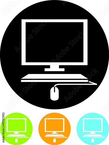 Desktop office PC monitor with blank screen, keyboard and mouse illustration. Computer hardware store or electronics repair shop signage logo. Round vector icon or sign