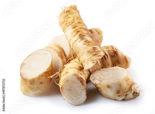 Canvas-taulu Horseradish roots close up isolated on white background.