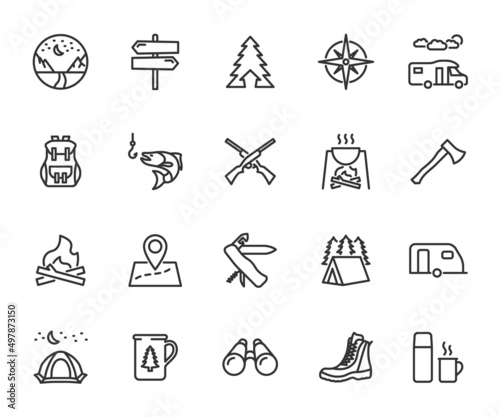 Vector set of camping line icons. Contains icons campfire, fishing, hunting, tent, compass, backpack, map, pocket knife and more. Pixel perfect.