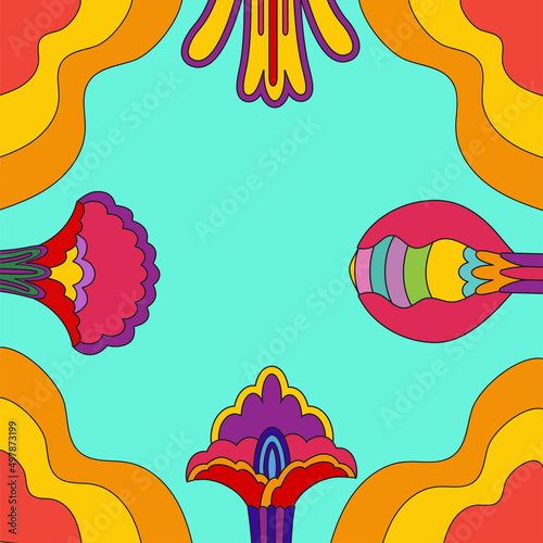 Colorful vector poster with a frame of abstract flowers in the style of 1960s, 1970s. Bright psychedelic background, cover, poster, poster for hippie style trance festivals