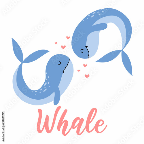 Childish hand drawn illustration of two whales. Two cute blue whales.. Vector illustration. Poster for nursery or print for clothes. Love whales.