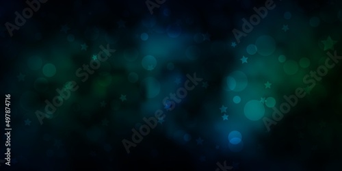 Dark Blue, Green vector background with circles, stars.