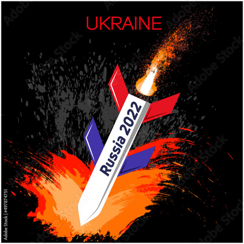 Vector Illustration of hitting a russian rocket with russian flag colors; The explosion with fragments due to a missile strike in Ukraine on black background