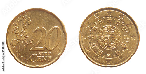 Portugal - circa 2006: a 20 cent coin of Portugal with the map of Europe and a graphic and word marks from 1143