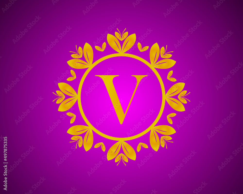 Fototapeta premium Alphabet V luxury logo design with gold color gradation and gold leaf circle suitable for bathing, hotel, beauty and grooming. against a violet VelVet background.