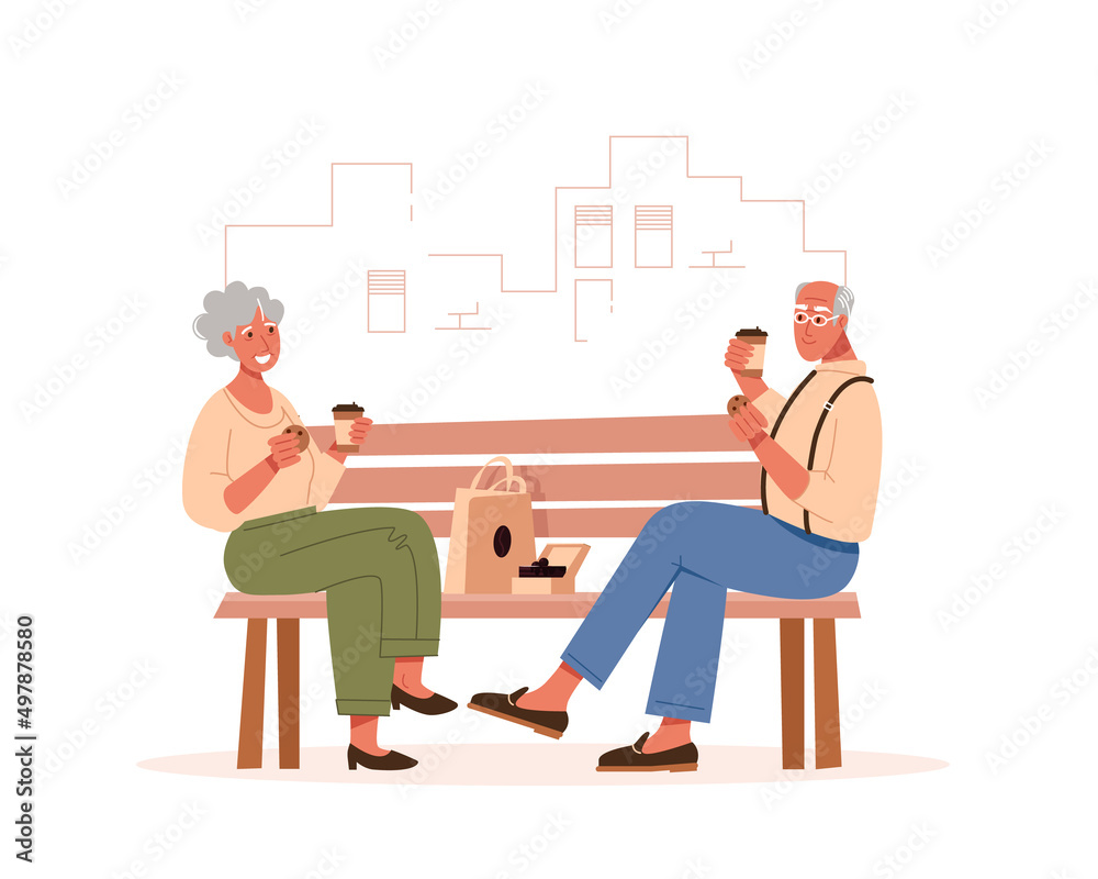 Elderly people sit on a bench in a city park and drink coffee. Flat vector illustration. Elderly people sit on a bench in a city park and drink coffee. Flat vector illustration.