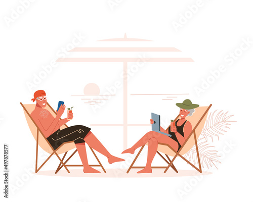 Elderly man and woman are relaxing on the beach in sun loungers. Recreation and entertainment for pensioners. Flat vector illustration.