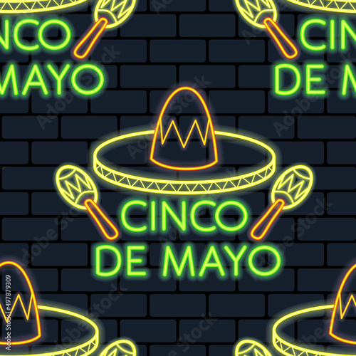 Text fifth of May in Spanish with sombrero and maracas. Neon seamless pattern on brick wall background. Vector illustration.