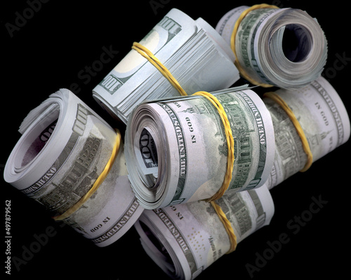 Foto Gangster roll, bankroll, money roll, bundle of dollar money cash